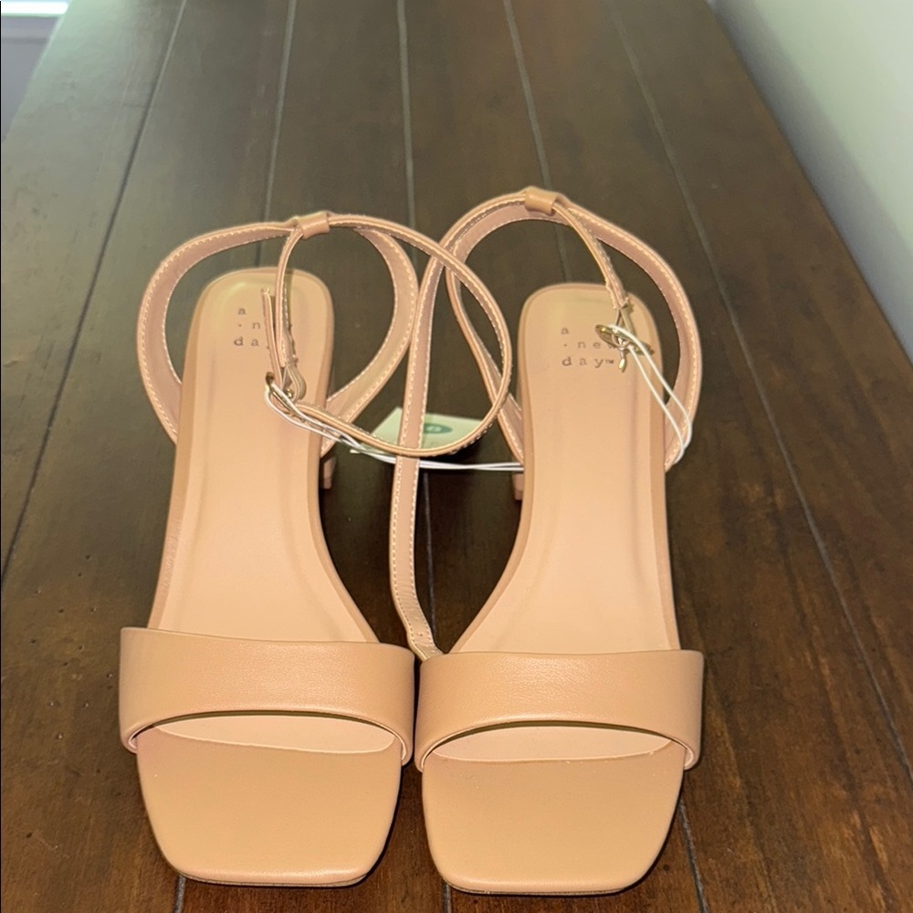 a new day Tan Heels with Square Toe and Ankle Strap